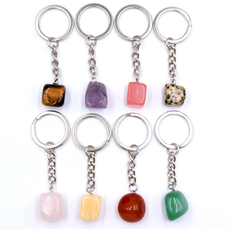 Natural Crystal Gemstones Key Chain Rose Quartz Tiger Eye Carnelian Amethyst Aventurine Key Rings Witchcraft Wicca Feng Shui