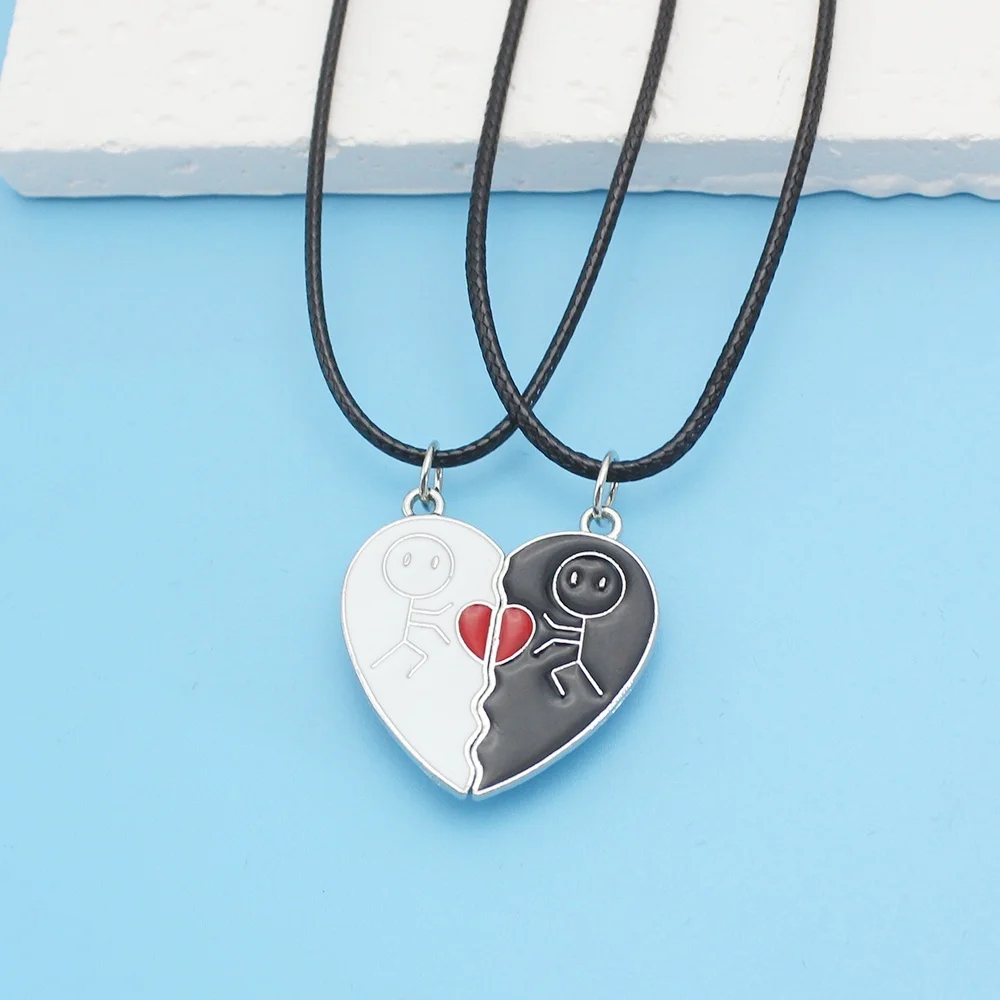 2Pcs Magnet Matchstick People Lovers Black White Heart Pendant PU Leather Rope Matching Necklace for Women Men Girl Boy Gift