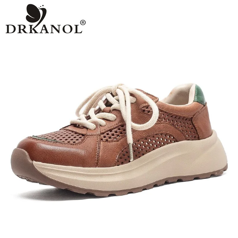 

DRKANOL Women Casual Sneakers 2026 Summer Flat Platform Genuine Cow Leather Hollow Out Breathable Lightweight Thick Sole Shoes