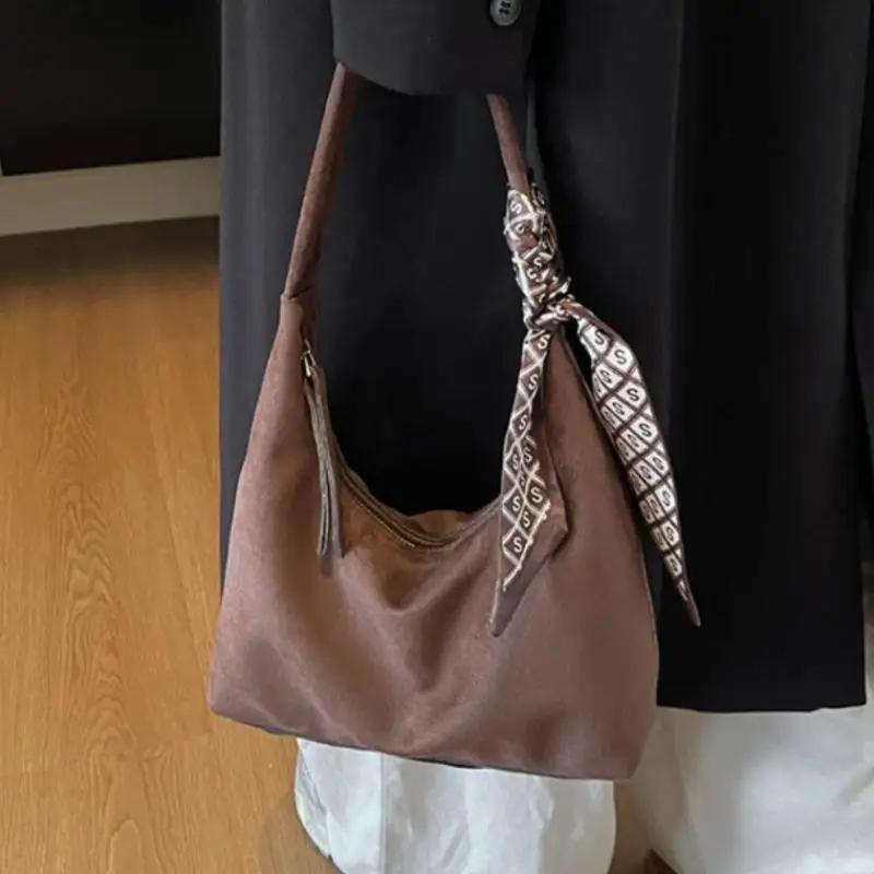 Casual Retro Soft PU Leather Shoulder Bag with Silk Scarf for Women Modern Underarm Handbag for Travel and Work