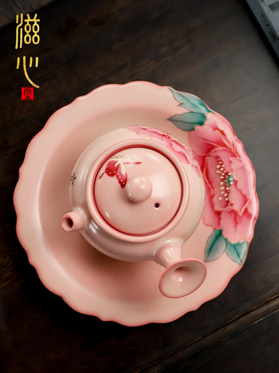 High-End New Hand-Painted Peony Side Handle Pot Porcelain Set Teapot Single Household Celadon