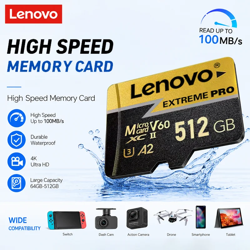 

Lenovo High-Speed Micro SD Card Fast Transfer 512GB 256GB 128GB 64GB Class 10 TF Memory Card for Phone DJI Pocket Cams PC