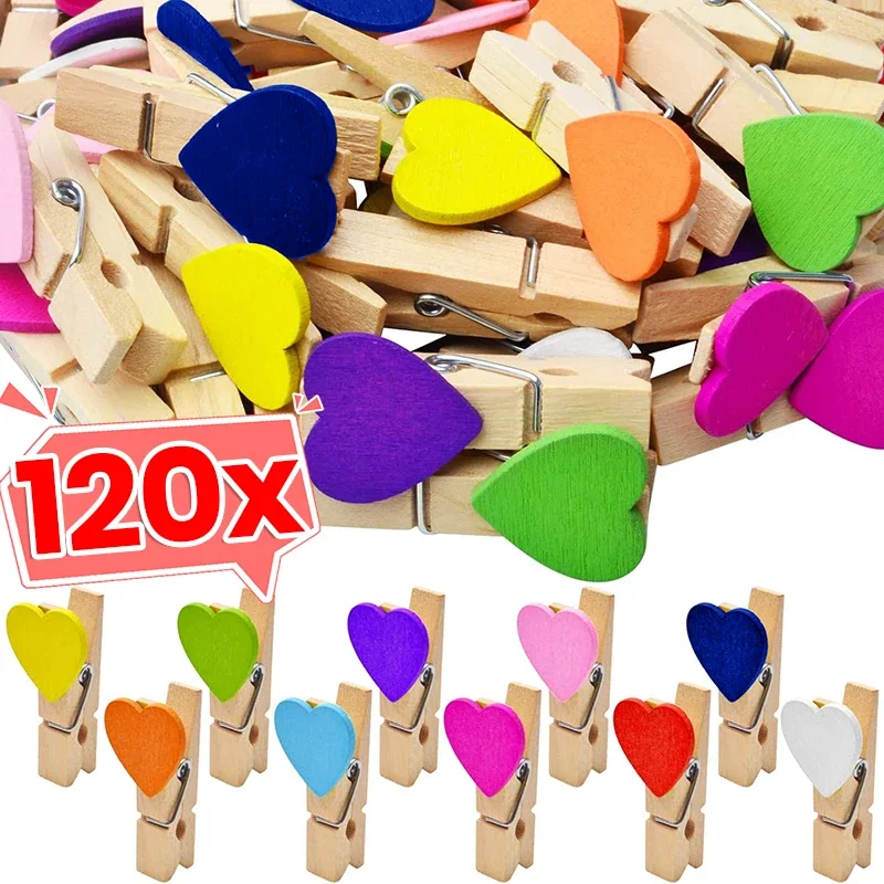 12/120Pcs Mini Wooden Colored Clip Heart-Shaped Memo Paper Photo Peg Clothespin DIY Valentine's Day Wedding Party Craft Decor