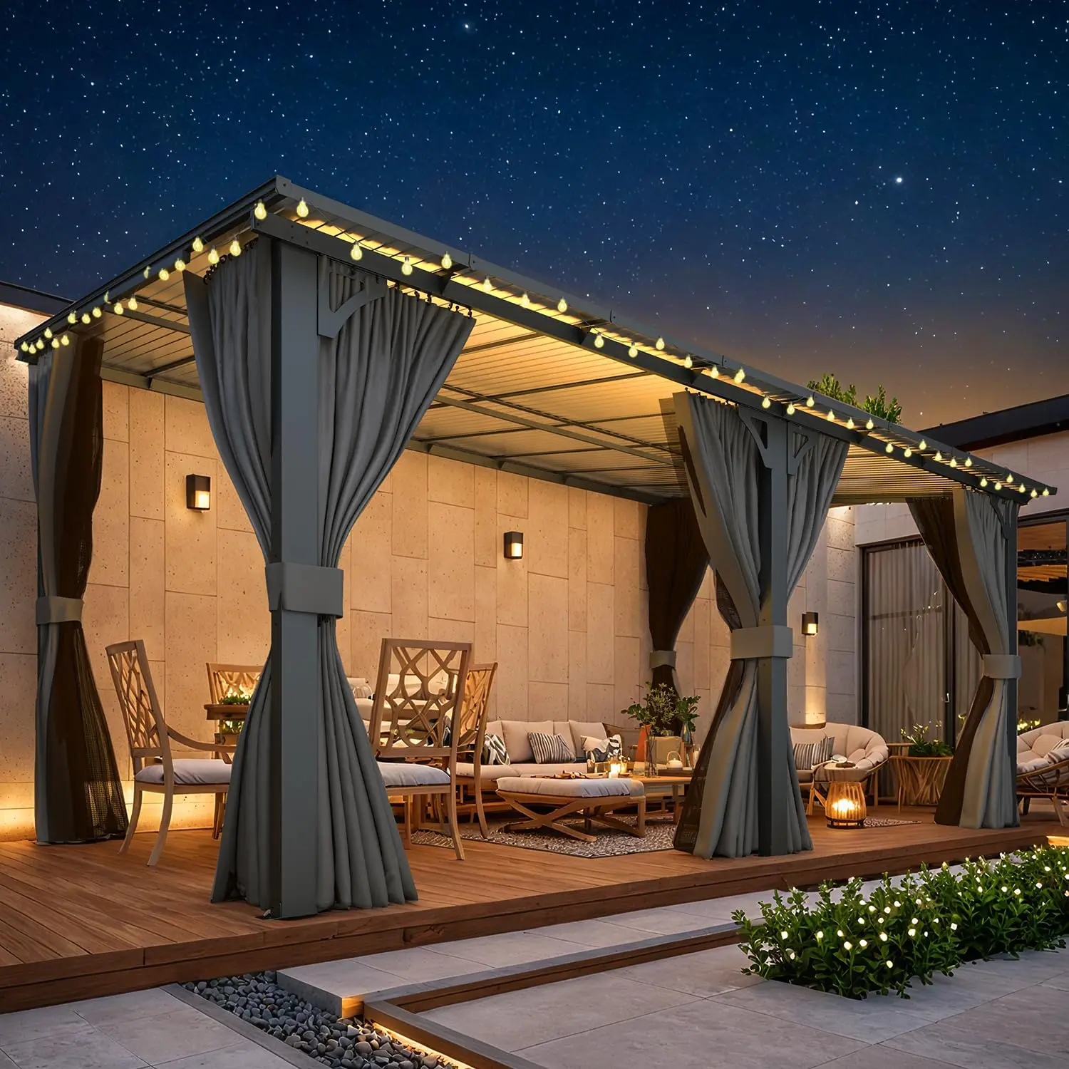

Gazebo Outdoor Pergola for Patio with Curtains and Netting, Large Wall-Mounted Hardtop 10x16 Lean to, Customized