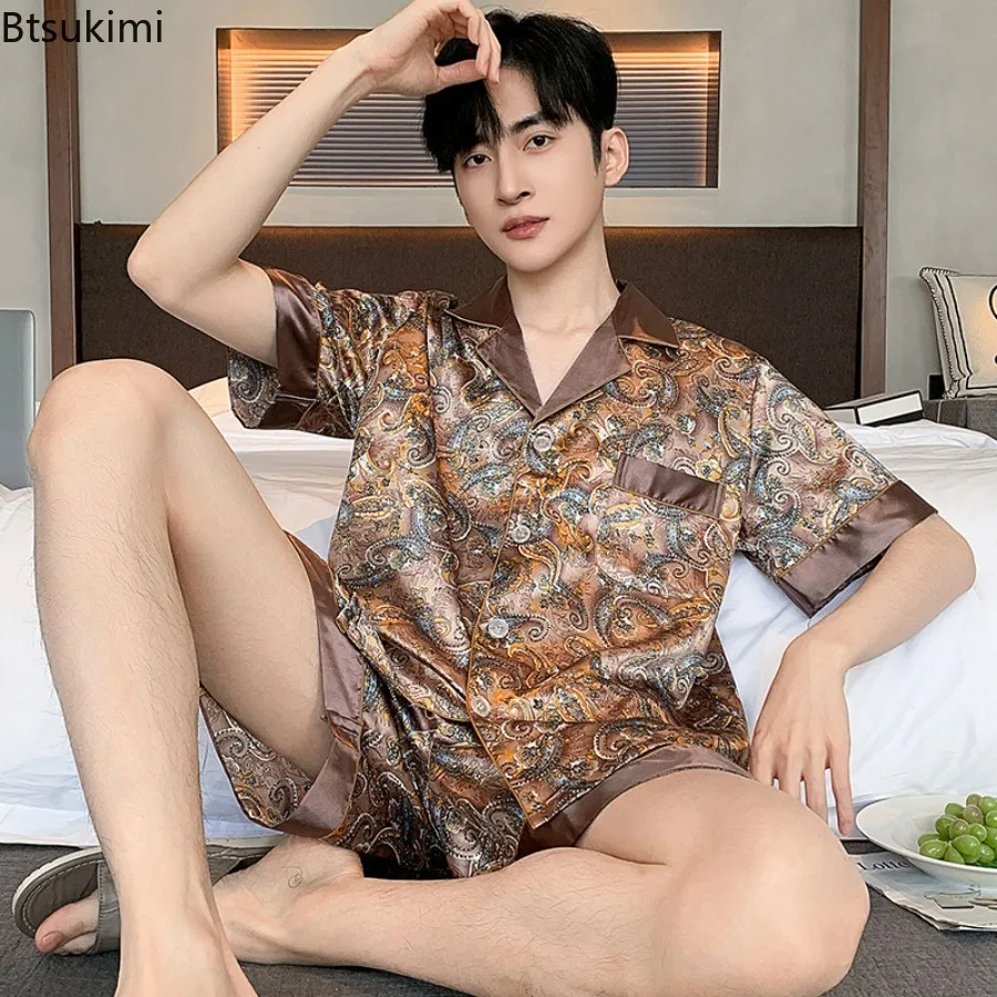 New Sleepwear Men's Pajamas Trousers Long Sleeve Short Sleeve Shorts Men Pijama Sleep Printed Silk Satin Pajamas Sets for Men