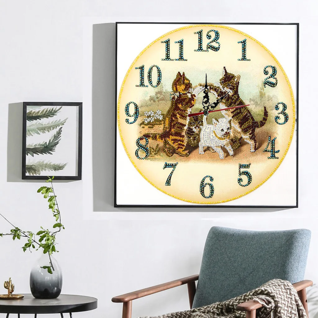 DIY Diamond Painting New 2024 Wall Clock Without Frame Home Decoration Embroidery Diamond Cat Clock35*35CM