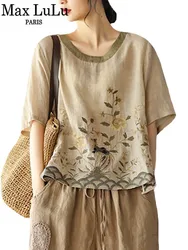 Max LuLu Summer 2022 Luxury Chinese Style Tops Women Clothes Classic Loose Casual Blouses Embroidery Vintage Linen Flower Shirts