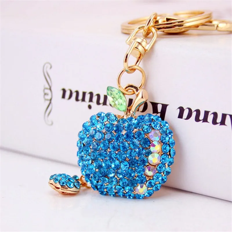 Cute Full Rhinestone Apple Keyrings Car Keychains Fashion Key Chains Metal Key Rings Women Handbag Charm Pendant Wedding Gifts