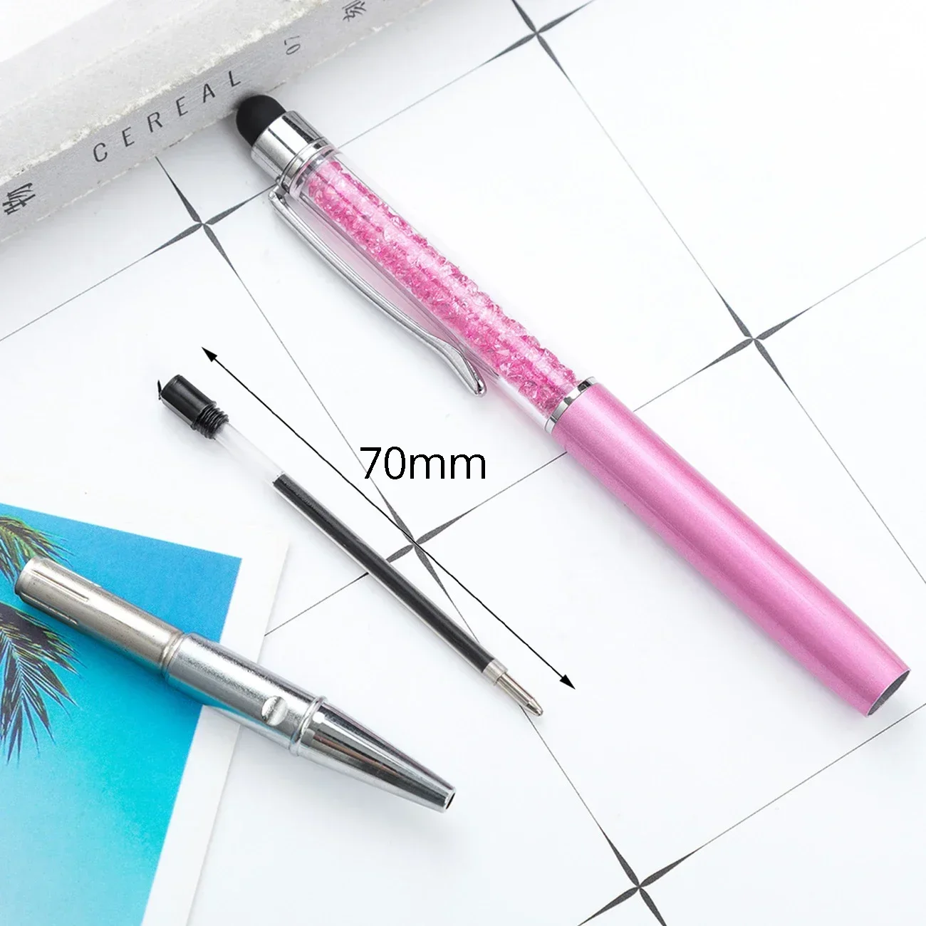 100Pcs 2 In 1 Metal Ballpoint Pen Custom Logo Crystal Screen Capacitive Touch Stylus Universal Engraving Name Advertising Pens