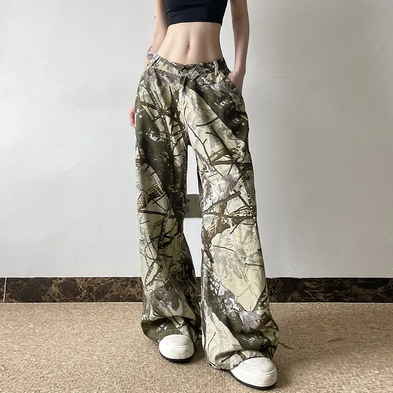 American Style Retro Camouflage Printed Loose Jeans Women's 2024 Autumn High Street Jazz Dance Hip-Hop Overalls Trousers