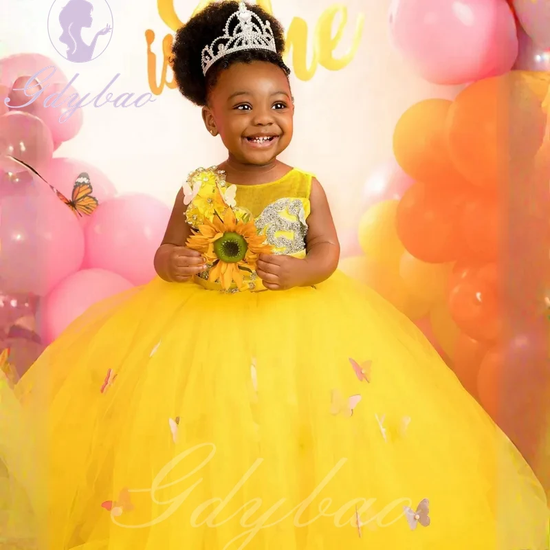 Abito da ragazza di fiore in tulle giallo per matrimonio O-collo Applique Puffy Festa di compleanno per bambini Abiti da ballo per prima comunione di Natale