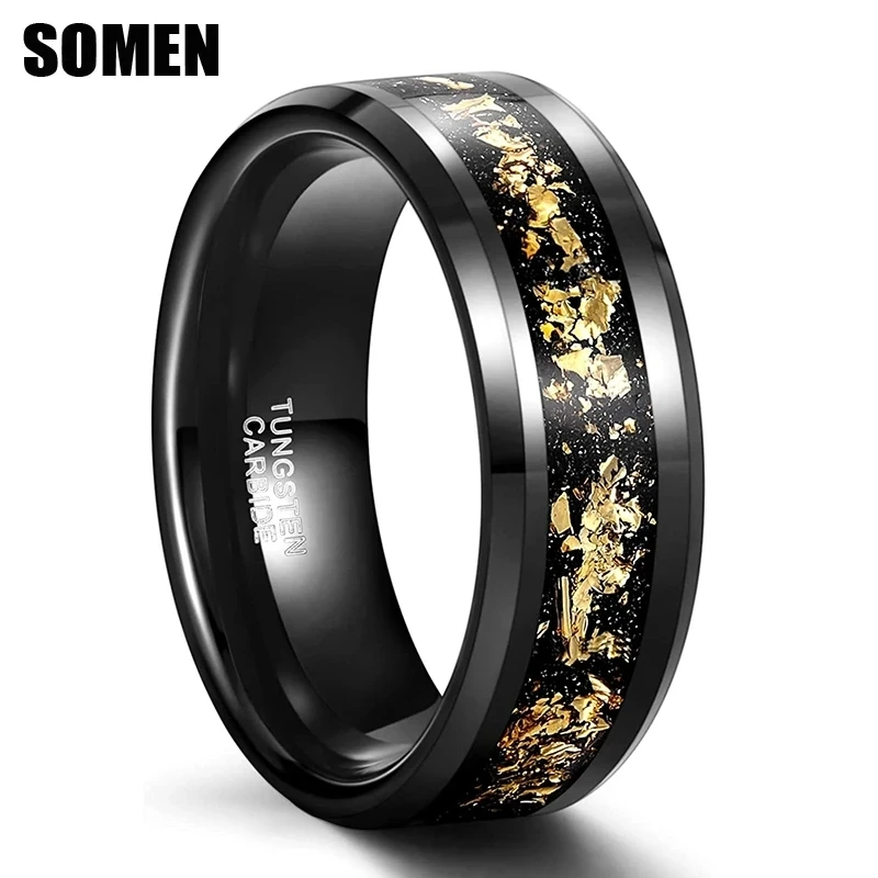 Anillo de carburo de tungsteno negro Somen, alianza de boda para hombre, piedra arenisca de 8mm y lámina de Color dorado, borde biselado, anillos de ajuste cómodo