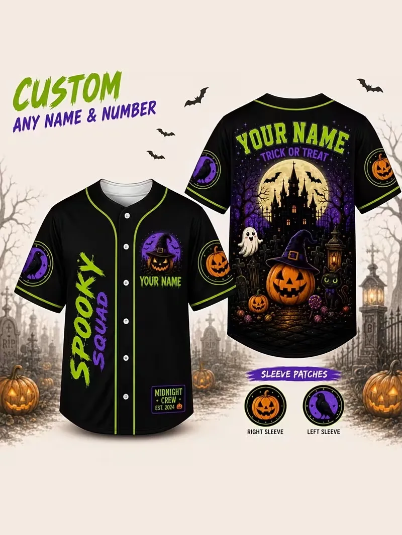 Halloween Pumpkin Pizza Baseball Jersey Ghost Fast Food Short Sleeve Button Down Shirts for Men Holiday Party Costume shirt