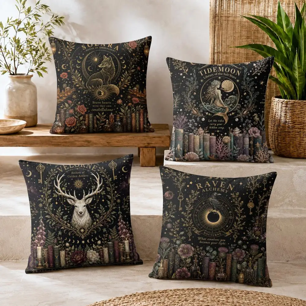 Dark Academia Magic Cushion Cover Summer Coolness Linen Organic Fabric Sofa Pillow Case Double-Sided Printing Home Decor