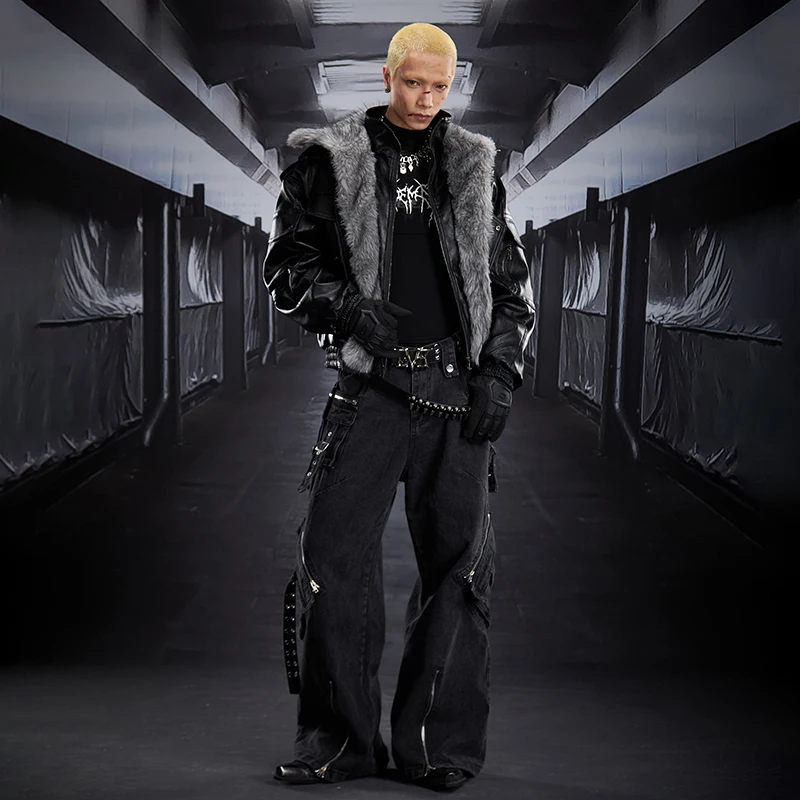 LUZHEN 2025 شتاء جديد جودة عالية فو الفراء المرقعة الرقبة الدافئة الجلود معطف مبطّن الرجال موضة الشارع وسيم سترة JY5337