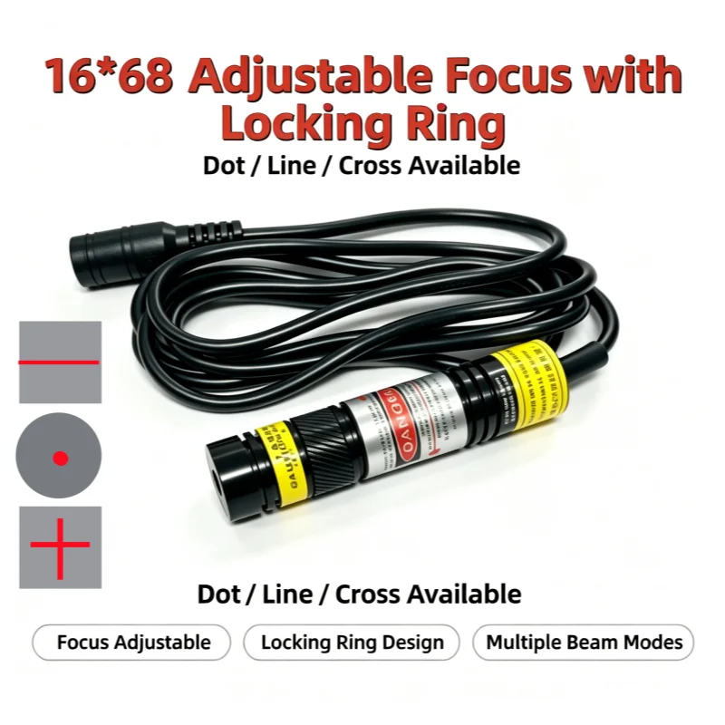 フォーカス調整可能な赤色レーザーラインモジュールダイオード-d16x68mm-650nm-レーザーマーキング切断用アライメント、サポート部品は除く