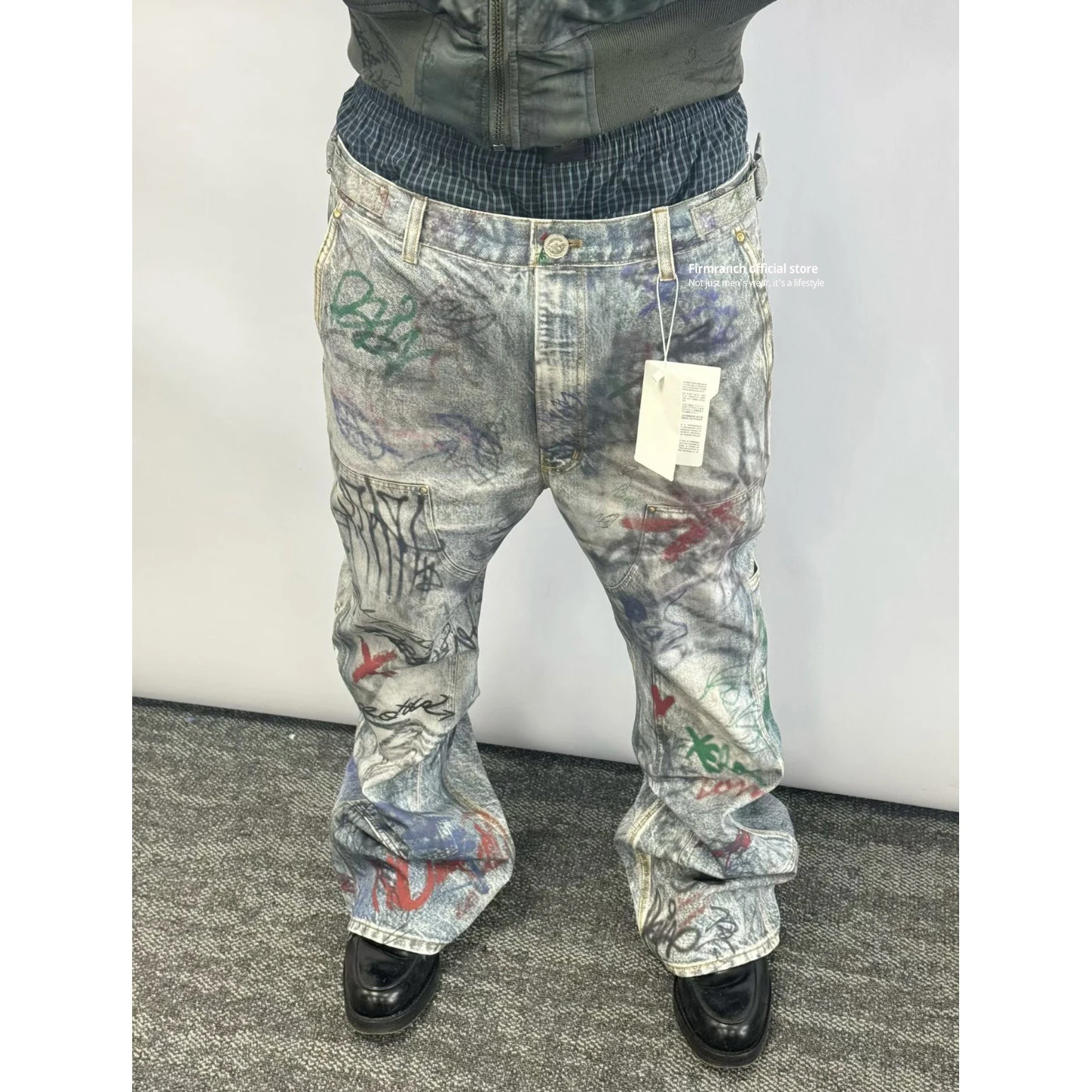 Firmranch New Korean Fashion Fake Two-Piece Double Waist 3D Digital Print Jeans For Men Women Flare Casual Denim Long Pants