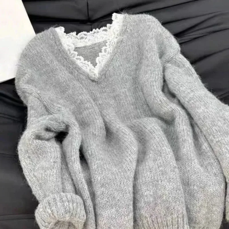 

Gray Jumper Knitwear Pullovers For Women Autumn Winter Clothing Lace V-neck Casual Sueter Mujer Fashion Knitted Korean Sweater