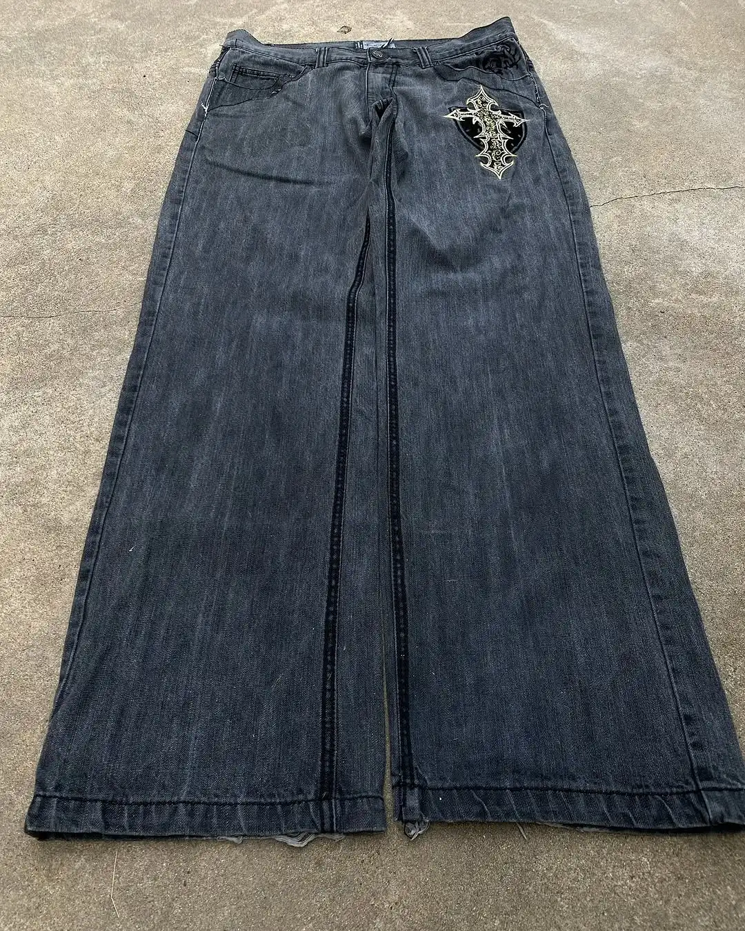 Harajuku stijl Nieuwe Hip Hop Gothic Geborduurde Rechte Jeans Mannen Streetwear Casual Oversized Dweilen Wijde pijpen Broek Paar Jeans