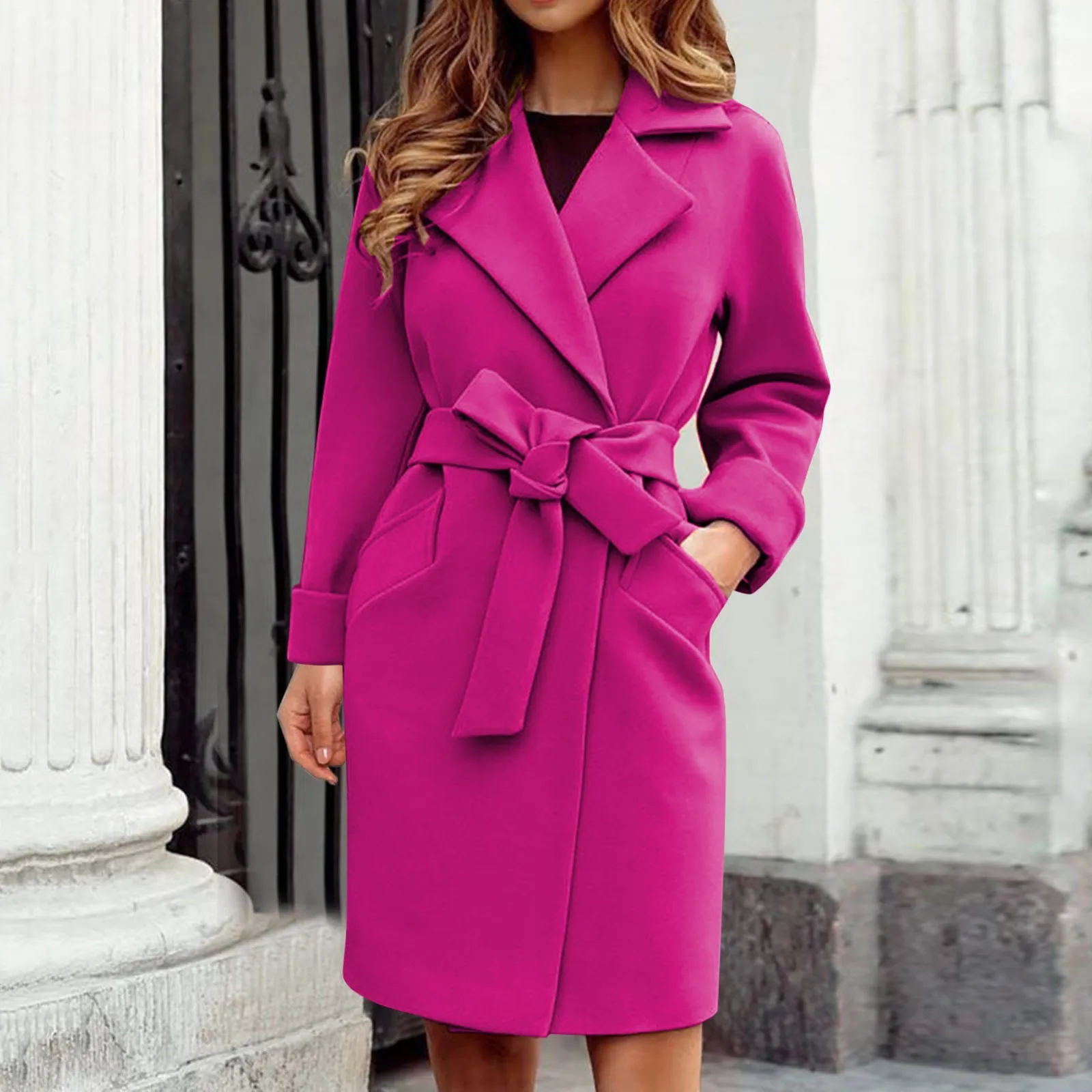 2023 Women Hot Pink Trench Coat Casual Mid Long Overcoat Lapel Open Front Cardigan Outwear Woolen Boot Winter Jackets for Women