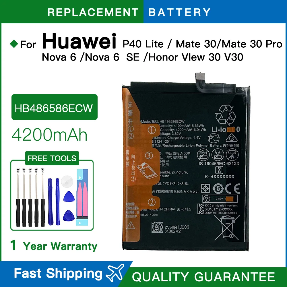 Brand New 4200mAh HB486586ECW Replacement Phone Battery For Huawei P40 Lite Mate 30/Pro Nova 6 SE Honor VIew 30 Battery+Tools