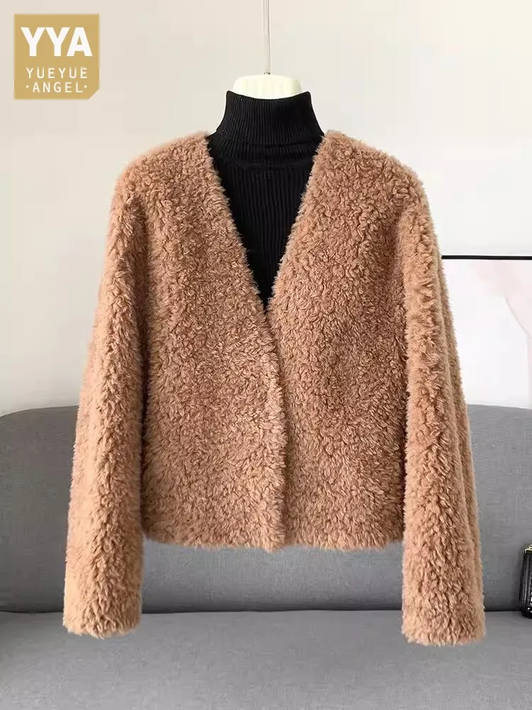 Autumn Winter Women V Neck Real Wool Jacket Thick Warm Overcoat Office Ladies Work Natural Sheep Fur Coat Vintage Designer Coats