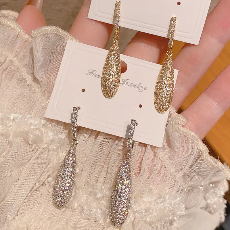 18K Vergoldete Luxuriöse Einzigartige Niedliche Goldene Silberne Elegante Weißgold Zirkon Tropfen-Ohrringe