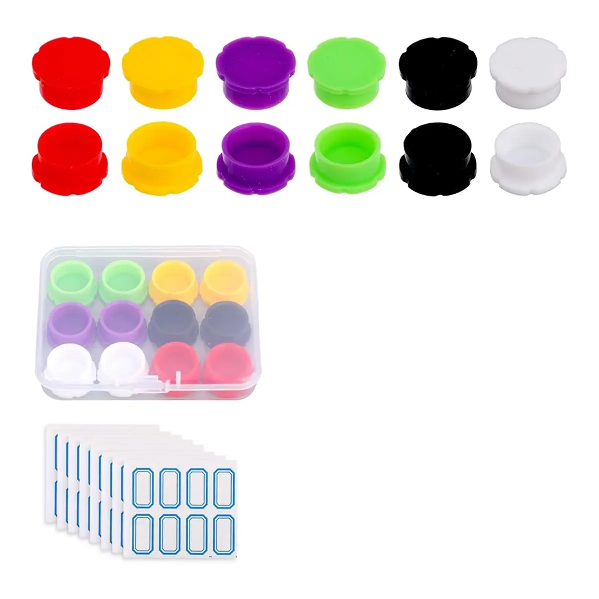 DT38 12pcs 5ml Glass Vial Caps with 64pcs Label Stickers, Multi-Color Leak-Proof Dust Resistant Covers