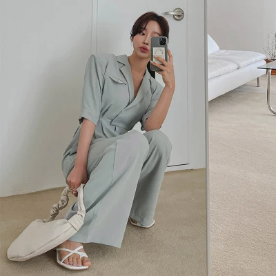 Long Wide Leg Suit Onesie Women's Summer Loose Slimming Chic Casual Drapey Straight Cut Pants High Waist Jumpsuit