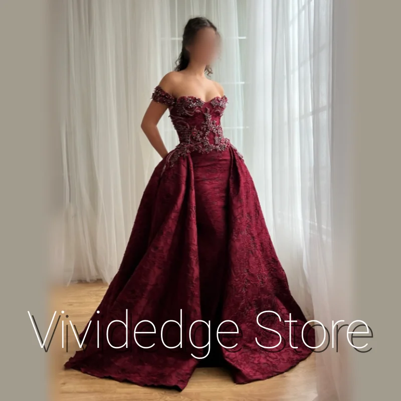 Burgundy Victorian Court Cocktail Dress Off Shoulder Elegant Beaded Appliqué Trailing Women's Party Evening Dress Customized