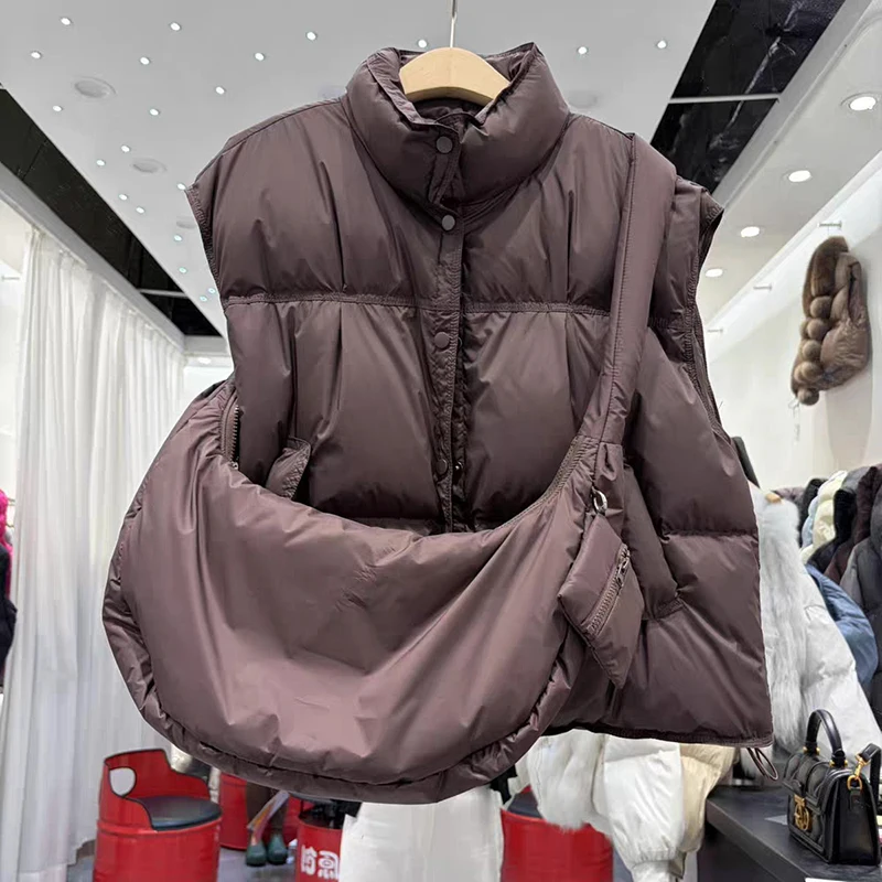 Autumn Winter Puff with Backpack Down Vest Female Stand Collar Sleeveless Waistcoat Women White Duck Down Single-breasted Vest