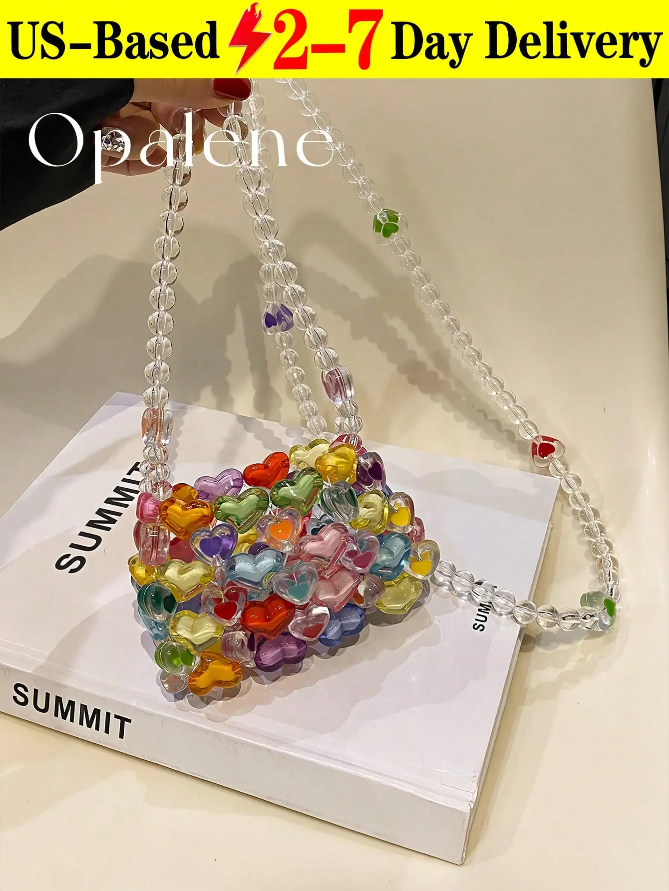 

Women's Mini Colorful Heart Beaded Crossbody Bag, Handmade Knitted Candy Color Shoulder Bag, Valentine's Day Gift For Her