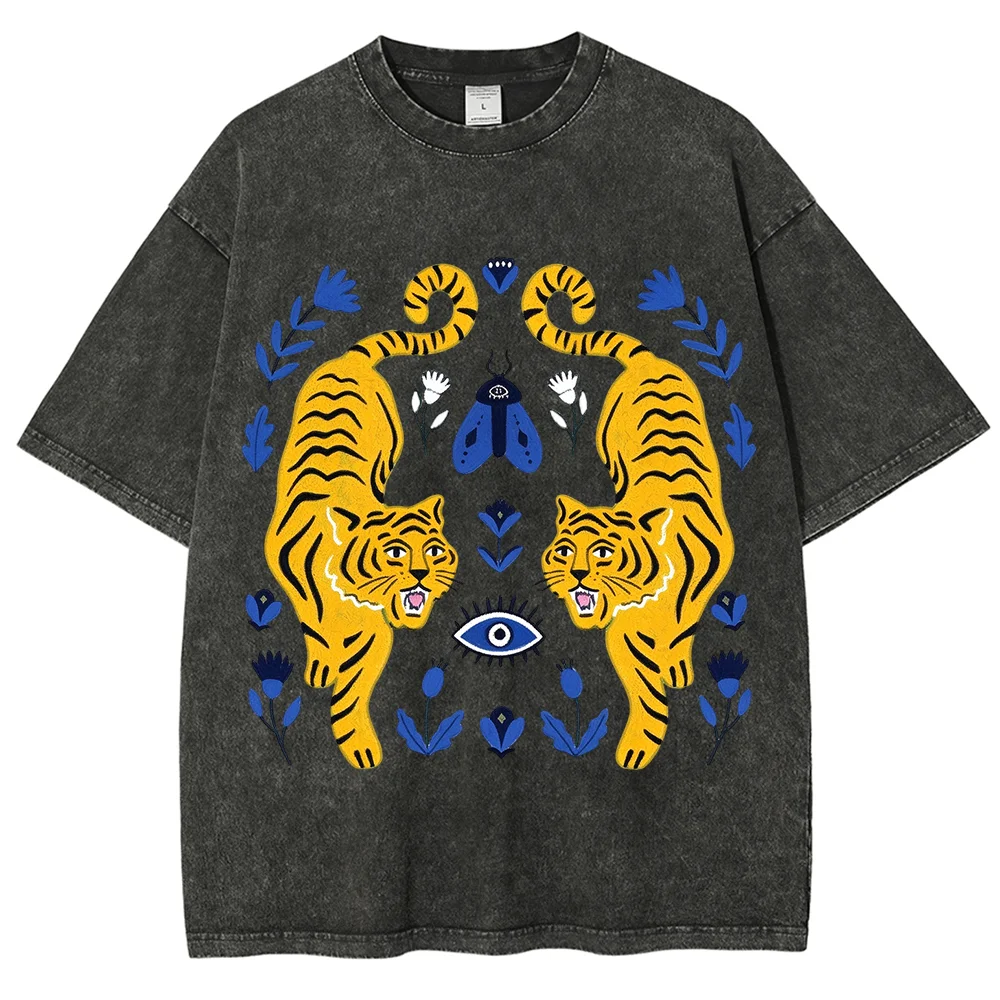 Unisex Vintage Washed T Shirt Folk Art Tiger Evil Eye Floral Graphic Tee Retro Aesthetic Short Sleeve Oversized Casual Tops