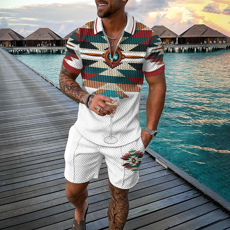 

Funny 3D Print Men's Sets Fashion Polo Shirt+Shorts 2 Piece Outfit Fashion Zipper Short Sleeve Shirts Summer Hip Hop Streetwear