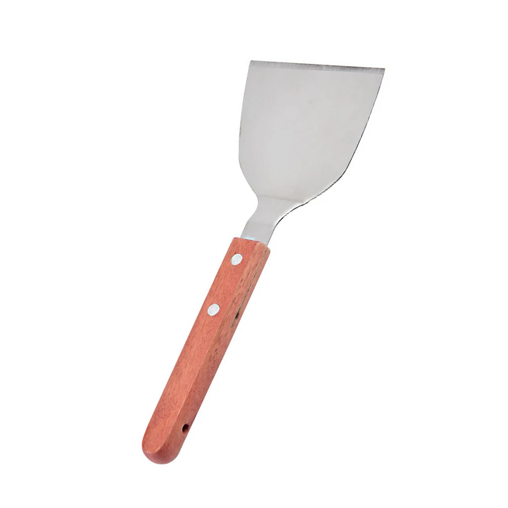 Home Kitchen Grill Scraper Metal Frying Spatula For Cooking Stainless Steel Blade Solid Wood Handle Hanging Hole For Storage