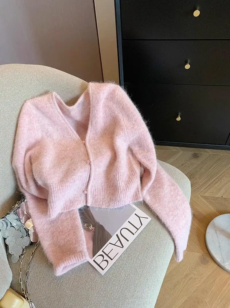 

New Pink V-neck Soft Sweater For Women Thickened Gentle Age Reducing Loose Knitted Grey Single Breasted Cardigan Spring Autumn