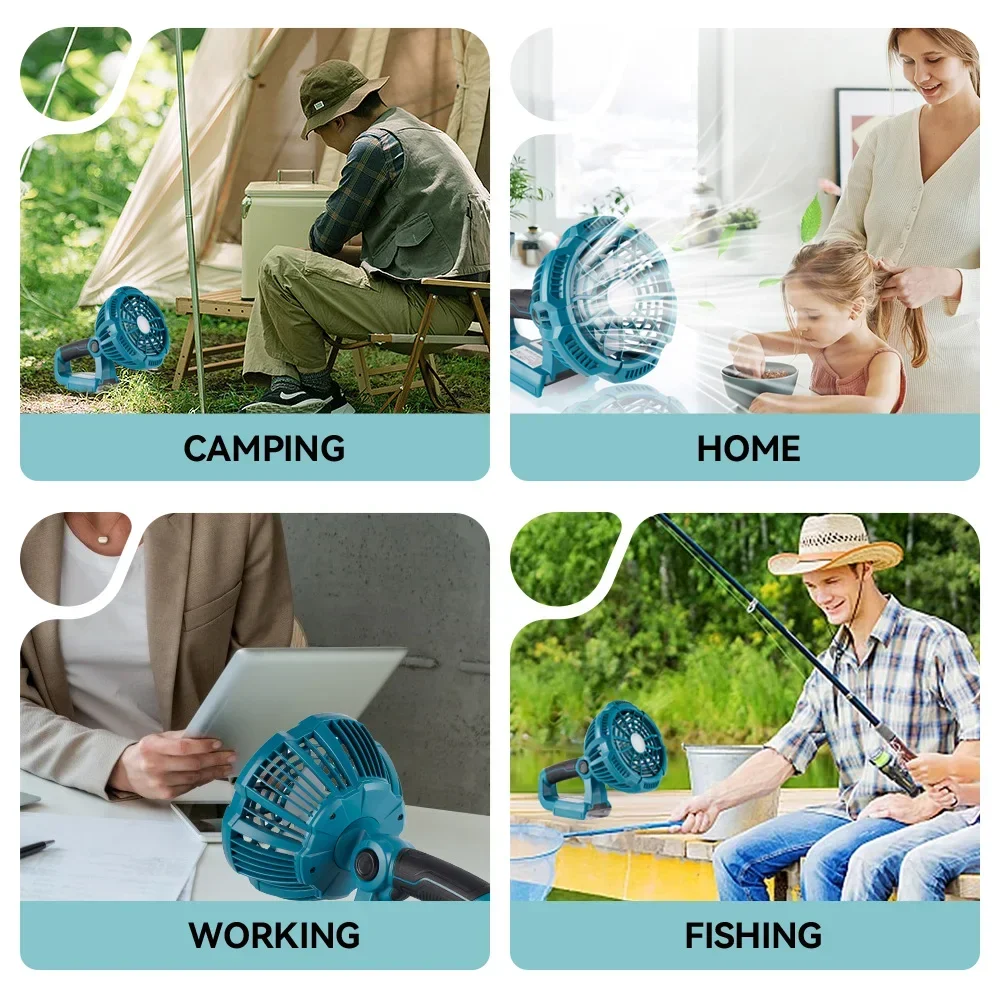 Wireelife Cordless Electric Camping Fan 3 Gears Portable Outdoor Jobsite Fan LED Light Remote Control For Makita 18V Battery