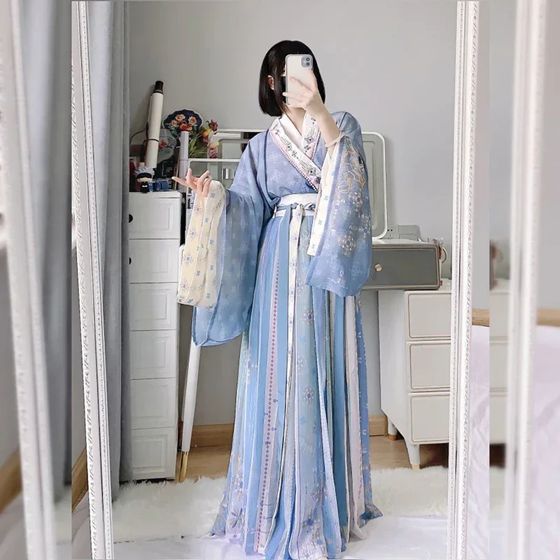 Китайское традиционное женское платье Hanfu, Женский карнавальный костюм Hanfu, сине-фиолетовый танцевальный костюм Hanfu, большой размер XL