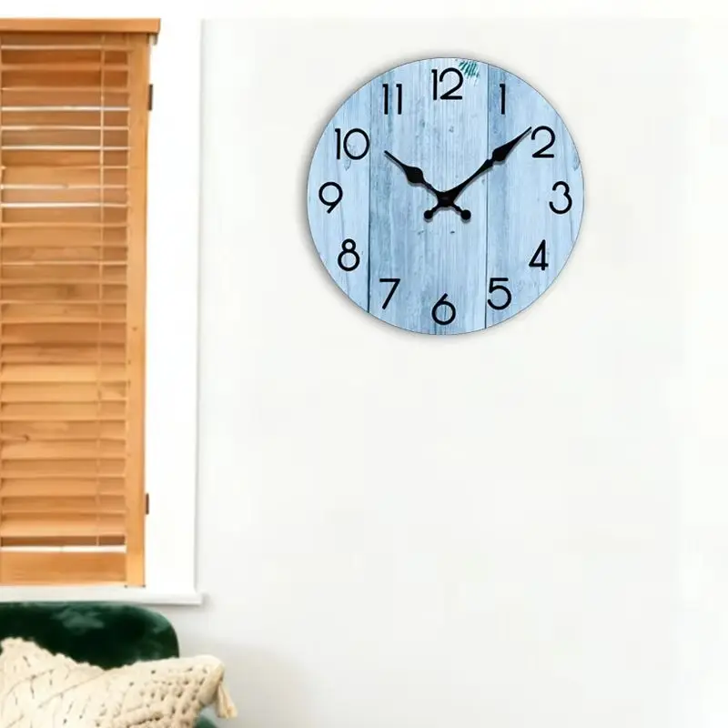 

Vintage Light Blue Wooden Wall Clock Bold Black Numeral Retro Coastal Farmhouse Decor for Living Room Bedroom Silent Clock