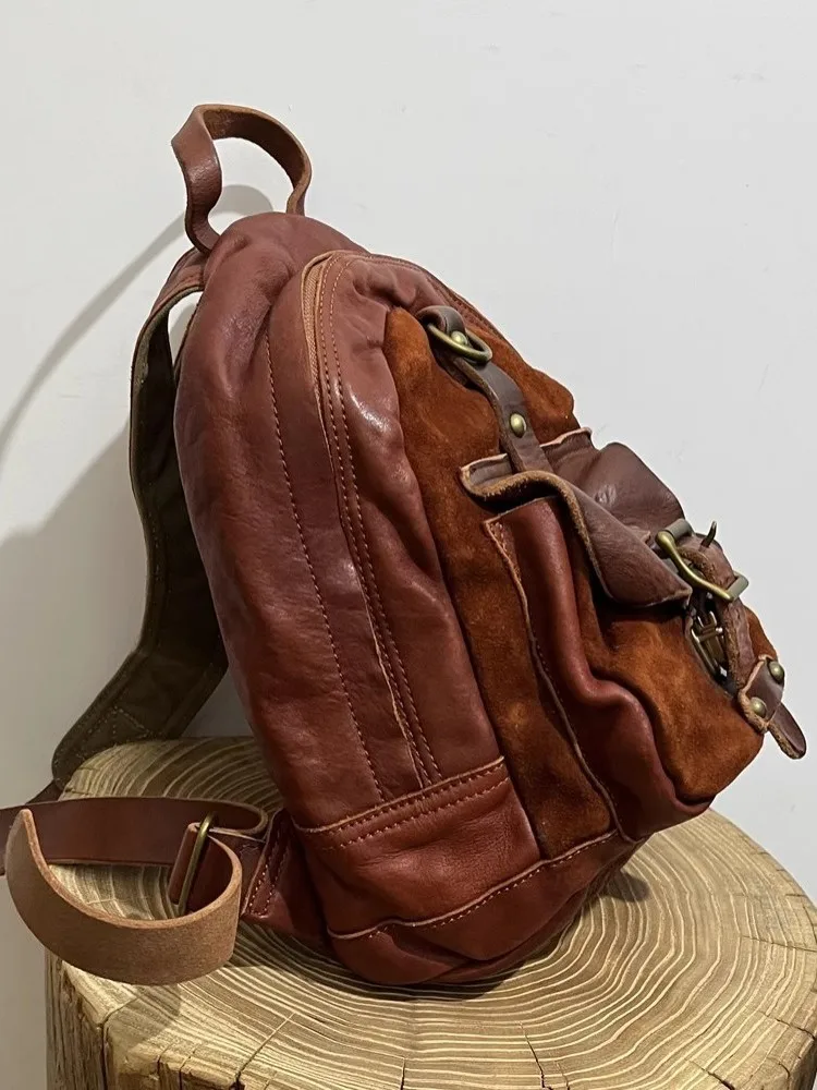 Men Vintage Spliced High Quality Cowskin Genuine Leather Casual Backpack Unisex Lovers School Bag Harajuku Travel Backpacks Male