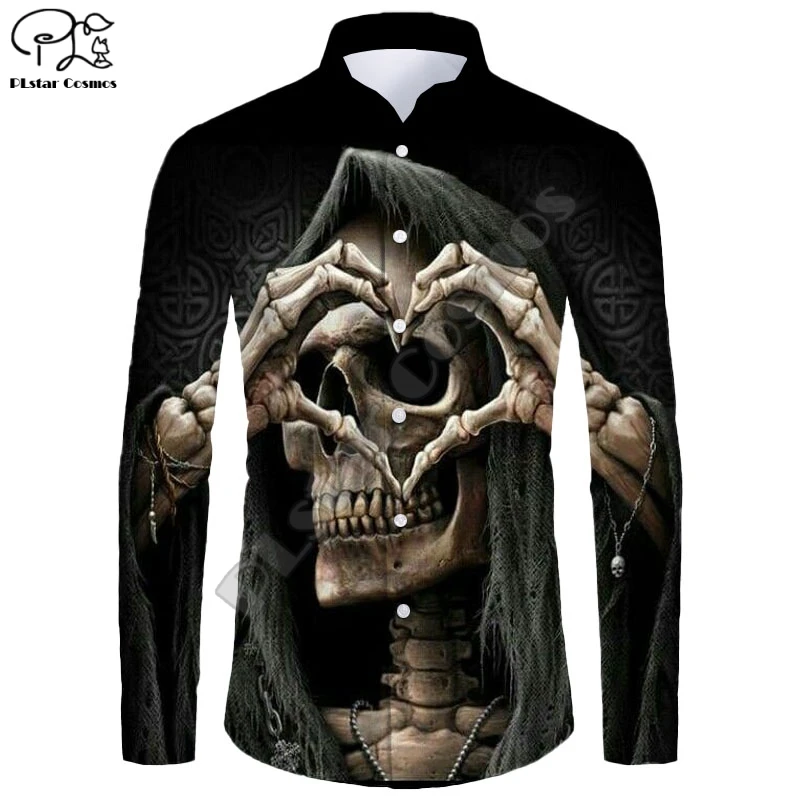 New Hawaiian Shirt 3D Printing Halloween Series Grim Reaper Skull Ghost Cat Long Sleeve Shirt Casual Unisex Shirt W-5