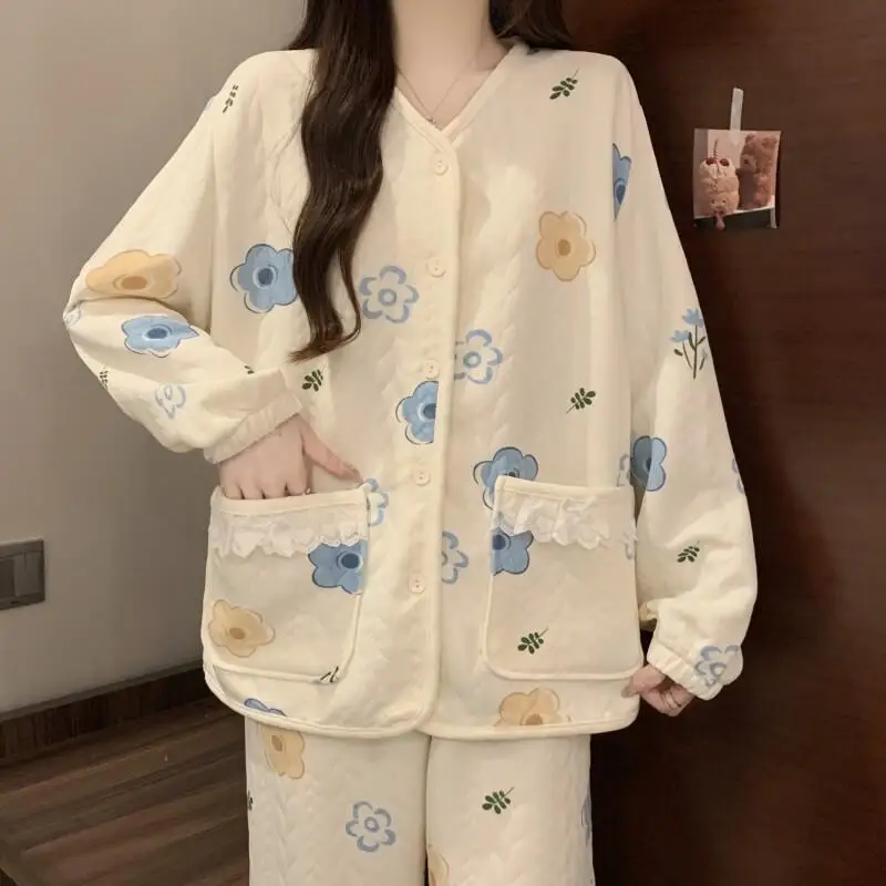 

autumn winter thicken Women's Clothing pajamas leisure comfortable Cotton Pajama Set girl long sleeves keep warm homewear suit
