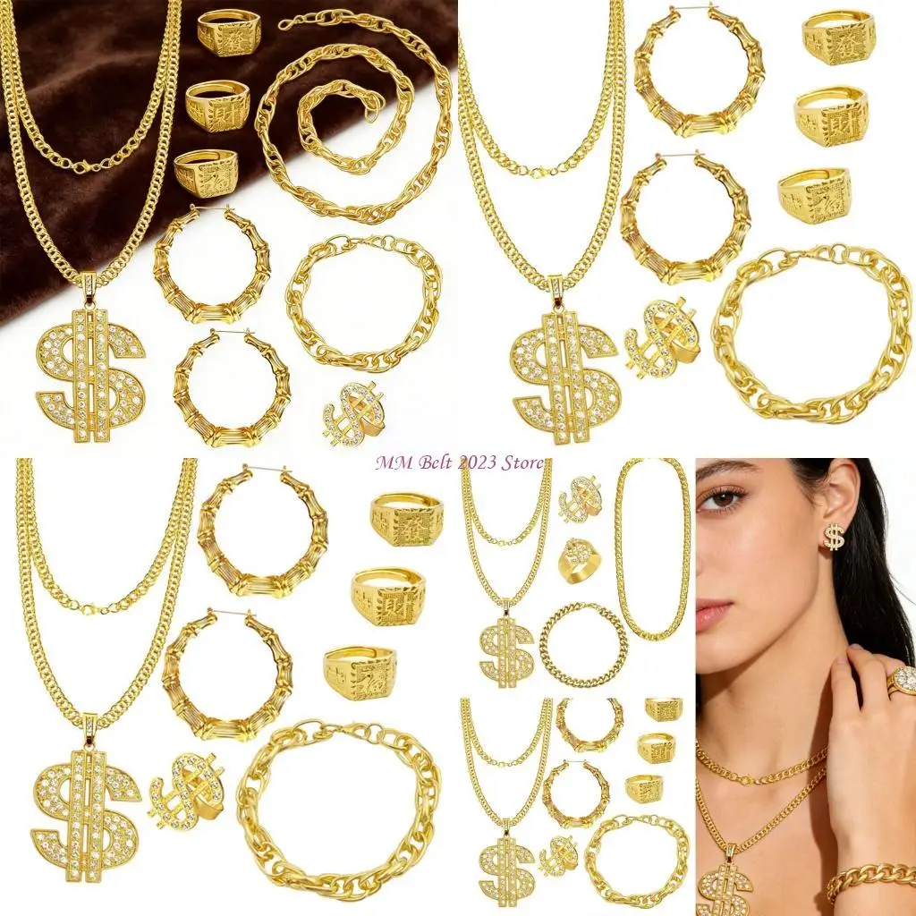 

49ME 80S Punk HipHop Rings Necklace Jewelry Set For Stacking Wearing Street Wear