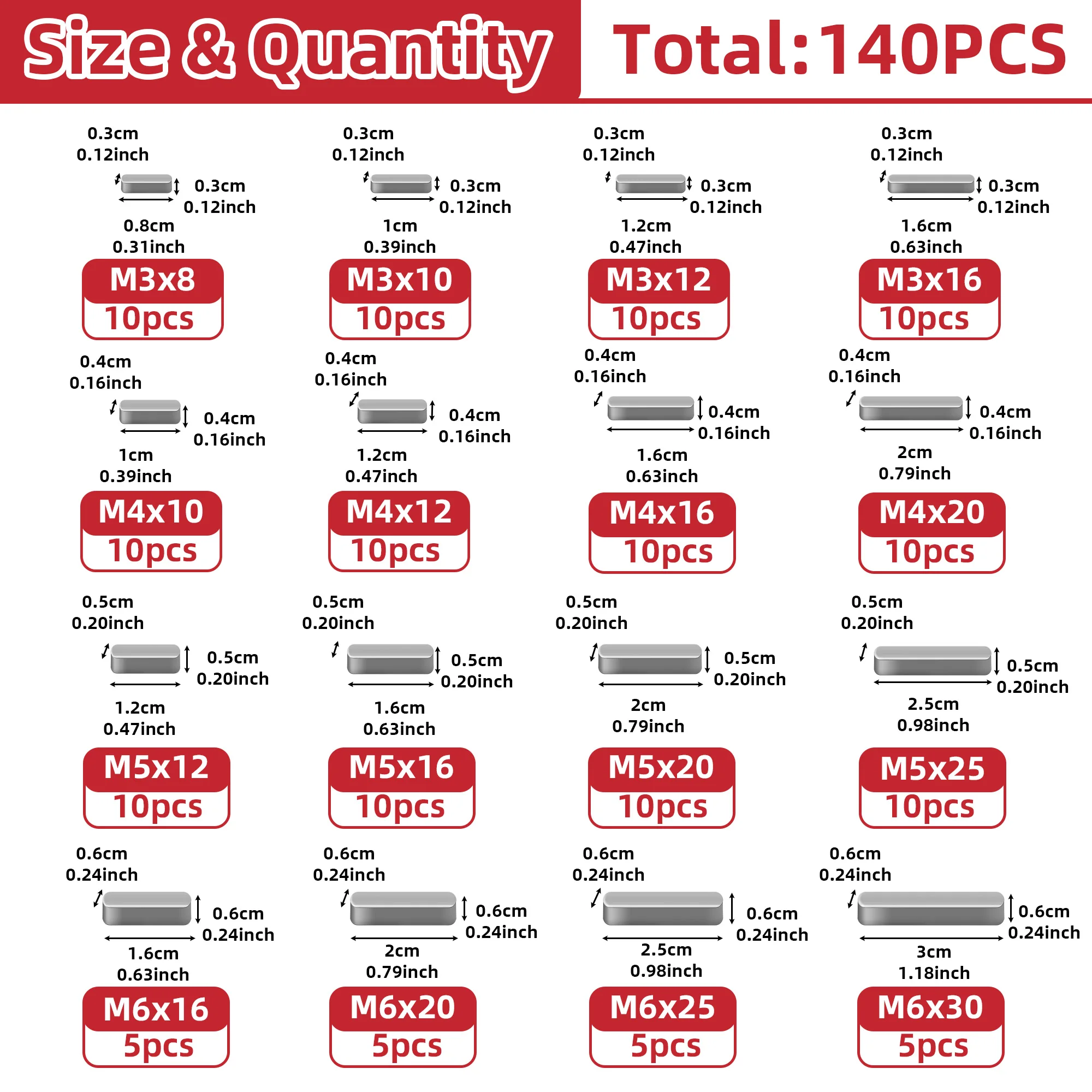 AIMUNOK 140Pcs 304 SS PK Set - M3-M6, Mach Tools/Auto/Indus Equip/Hvy Mach, Trans Box w/Labels, CR & Hi-Strength, Shaft-Hub Fix