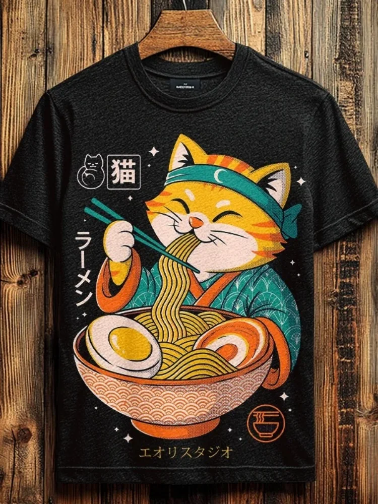 

Мужская футболка с принтом «Кот ест Рамен», повседневная свободная футболка в японском стиле, лето 202, праздничные топы с короткими рукавами и круглым вырезом, туники большого размера