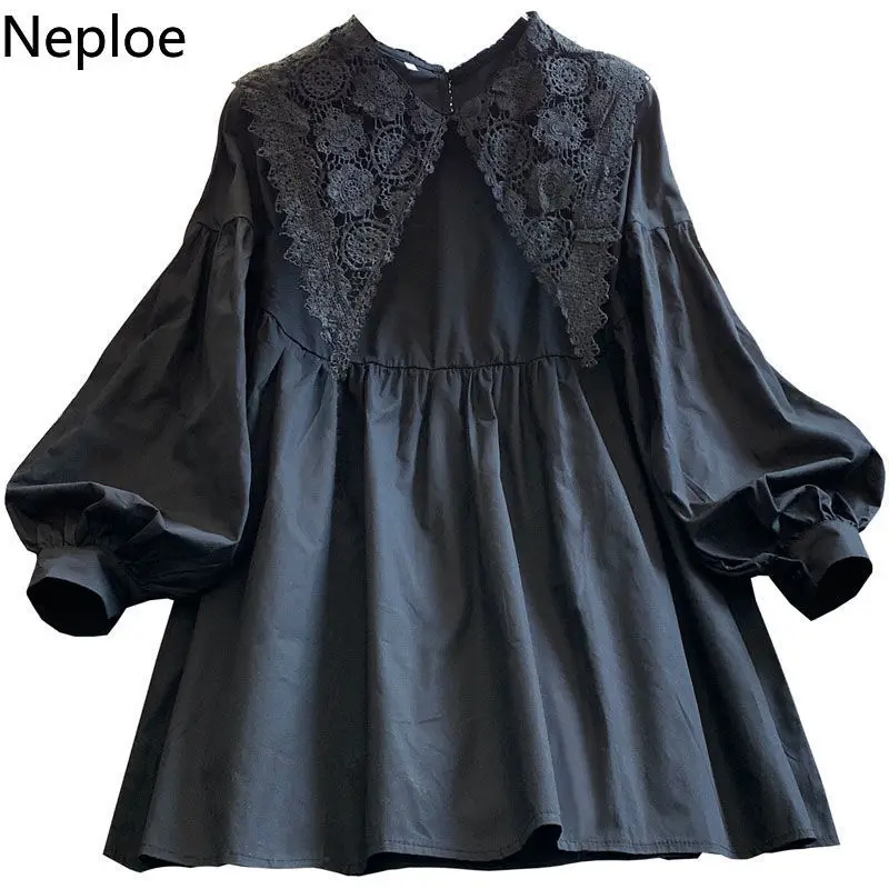 Neploe Oversized Blouse Women 2023 Blusas Mujer De Moda Crochet Lace Shirt Lantern Sleeve Loose Blouses Japanese Black Long Tops