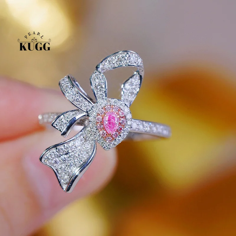 KUGG 100% 18K White Gold Rings Women Luxury Butterfly Design Romantic Style Real Natural Pink Diamond Ring High Party Jewelry