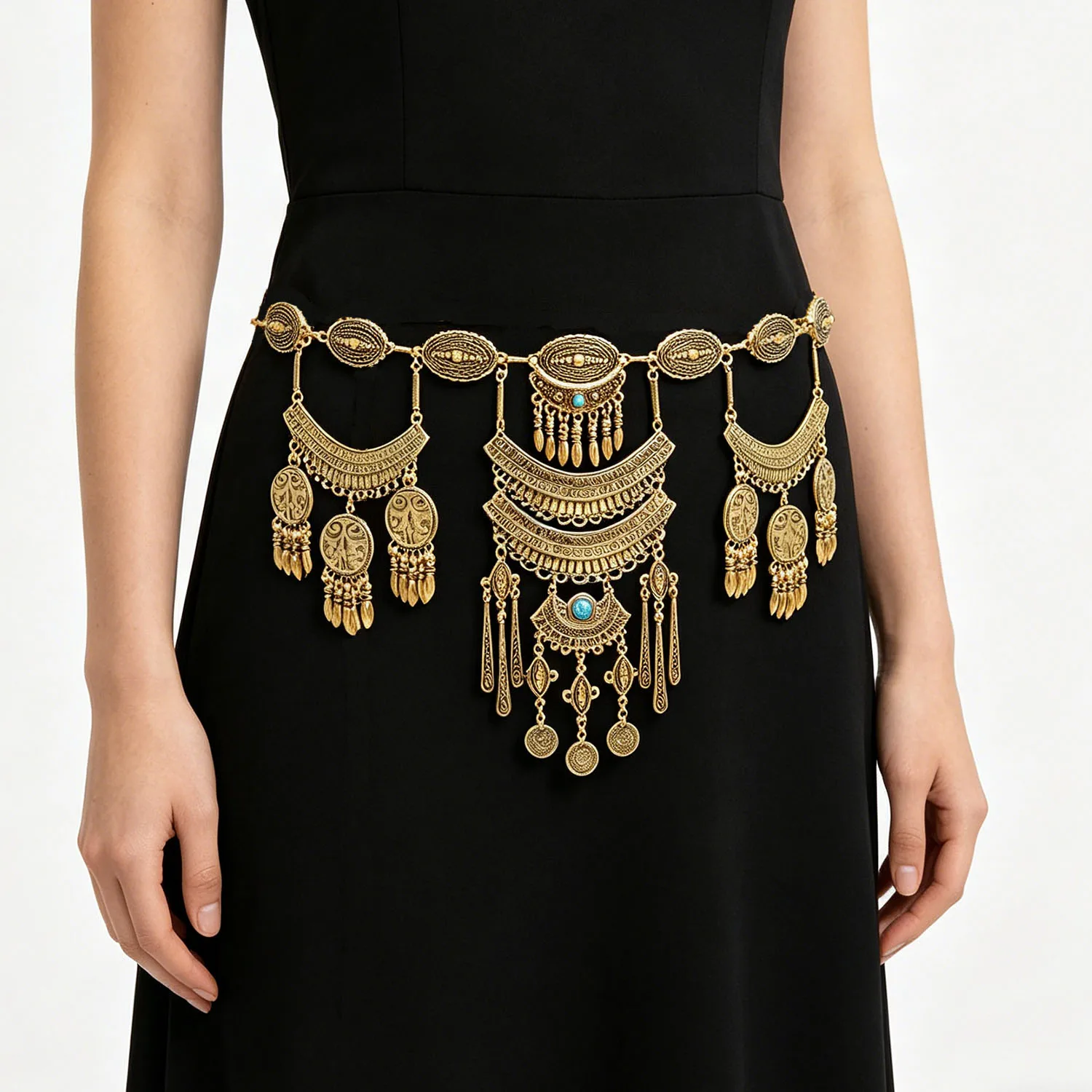 

Traditional Boho Gypsy Ethnic Dress Waist Chain Vintage Moon Gemstone Coin Tassel Pendant Body Jewelry for Women Kurdish India