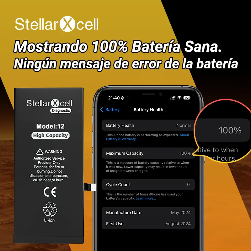 Batería de diagnóstico StellarXcell con mensaje de pieza genuina para iPhone 12mini 13Pro 14Plus 15Promax, reemplazo 3