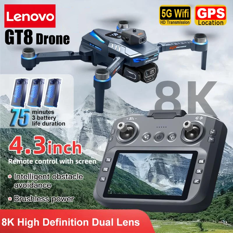 Lenovo GT8 Drone 8K Aerial HD Dual Camera GPS Brushless Optical Flow Hovering Obstacle Avoidance Screen Remote Control Drone